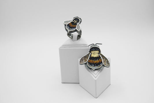 Micro-mosaic bee ring and brooch