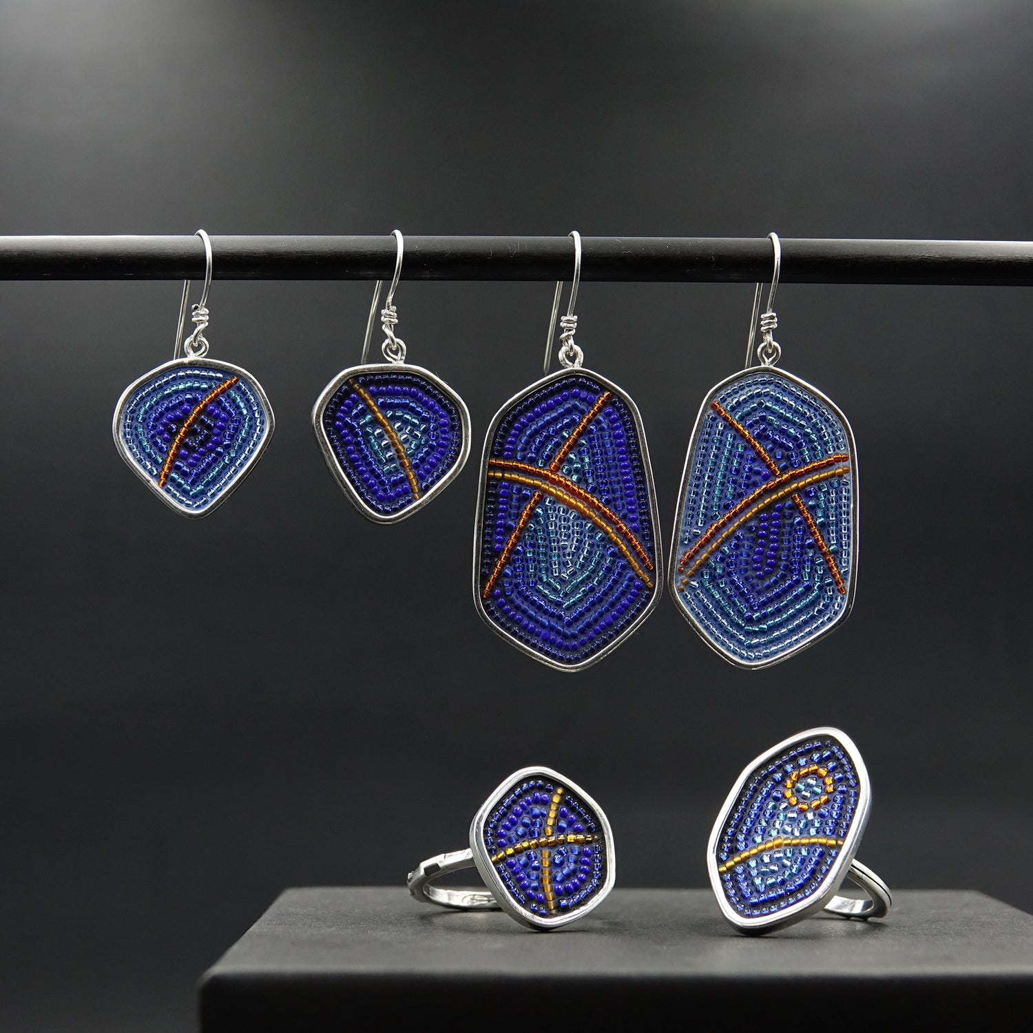Blue micro-mosaic earrings and rings
