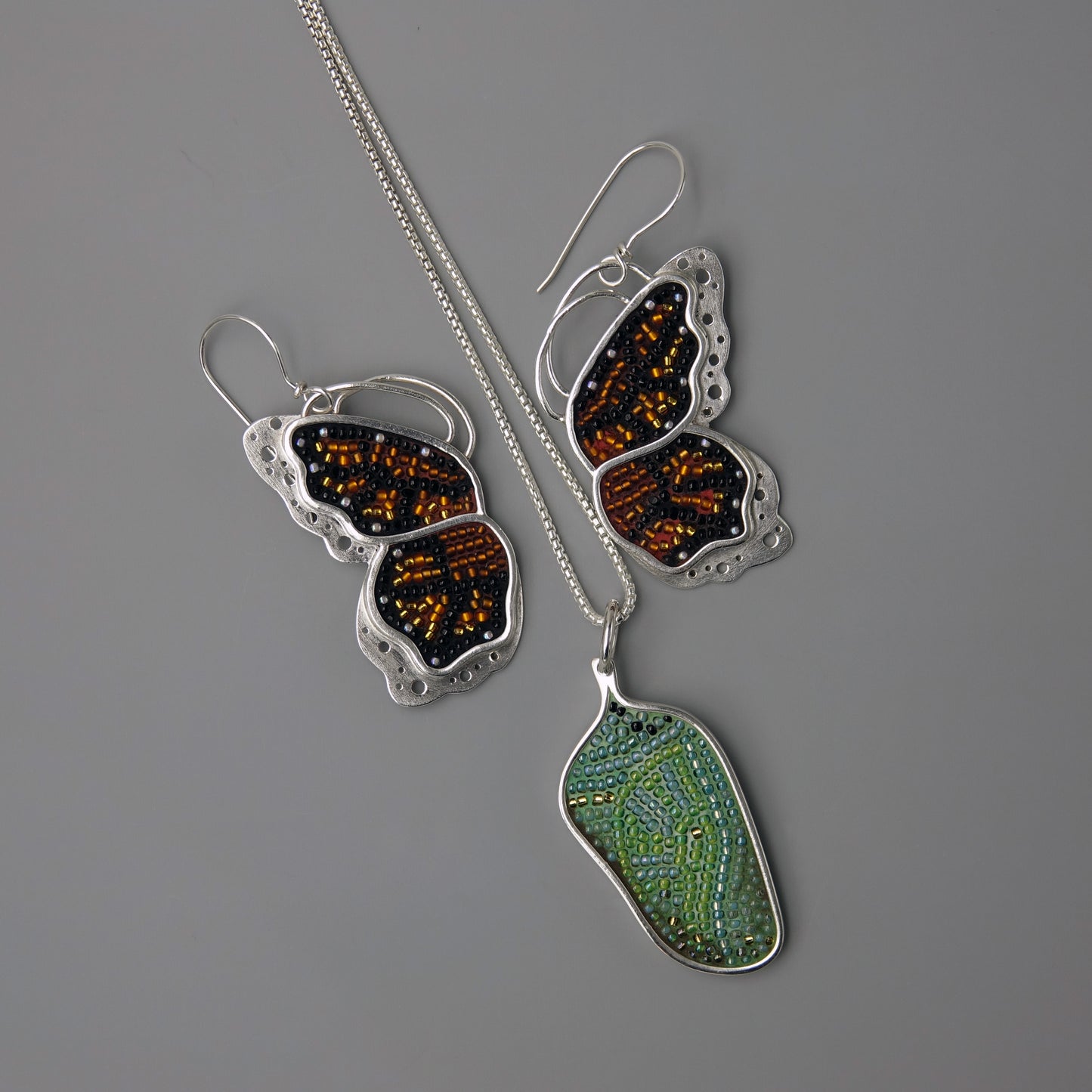 Metamorphosis; Chrysalis Pendant and Monarch Butterfly Earrings